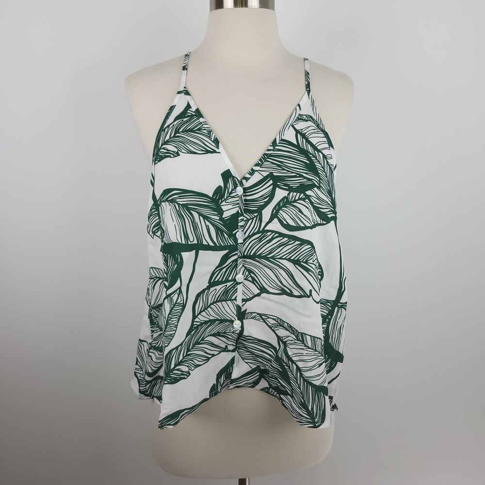 Fab'rik White Green Leaf Foliage Print V-neck Racerback Tank Top Size Small